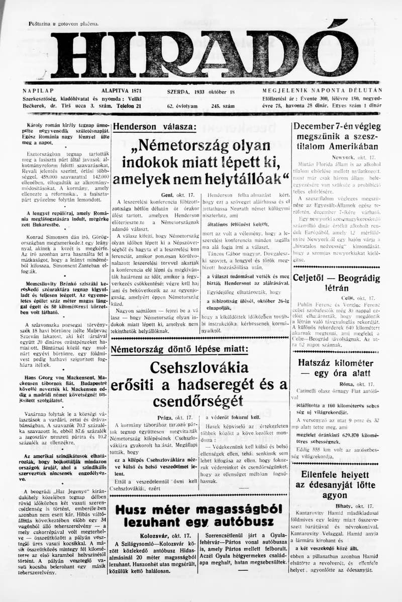 Híradó, 62. évf. 1933. október 18. 245. sz.