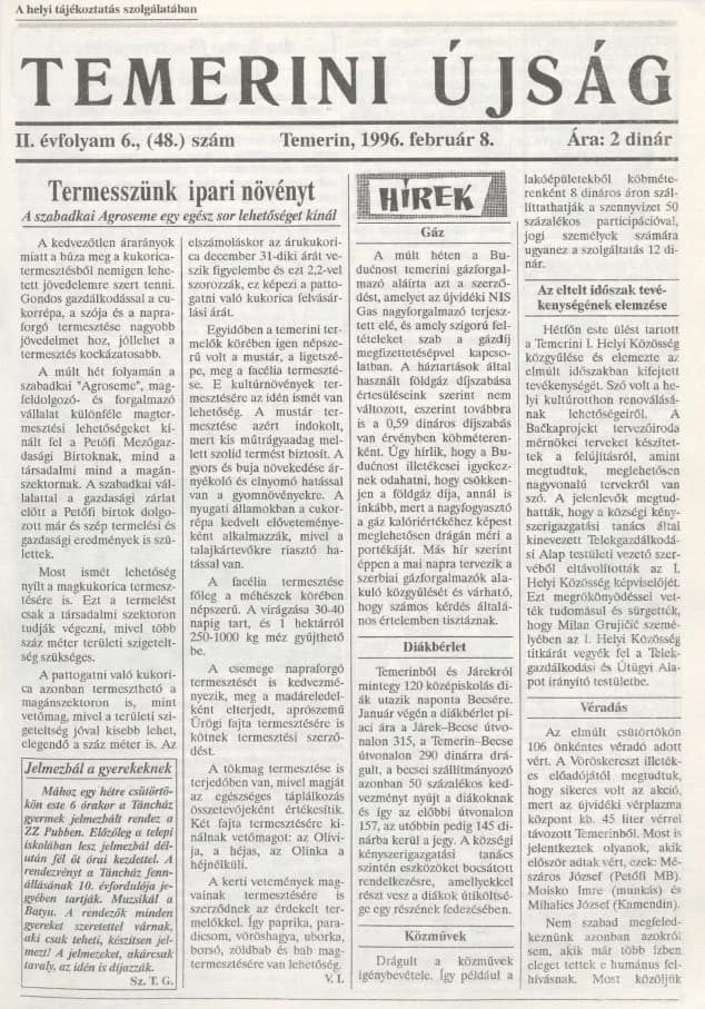 Temerini Újság, 2. évf. 1996. február 8. 6. sz.