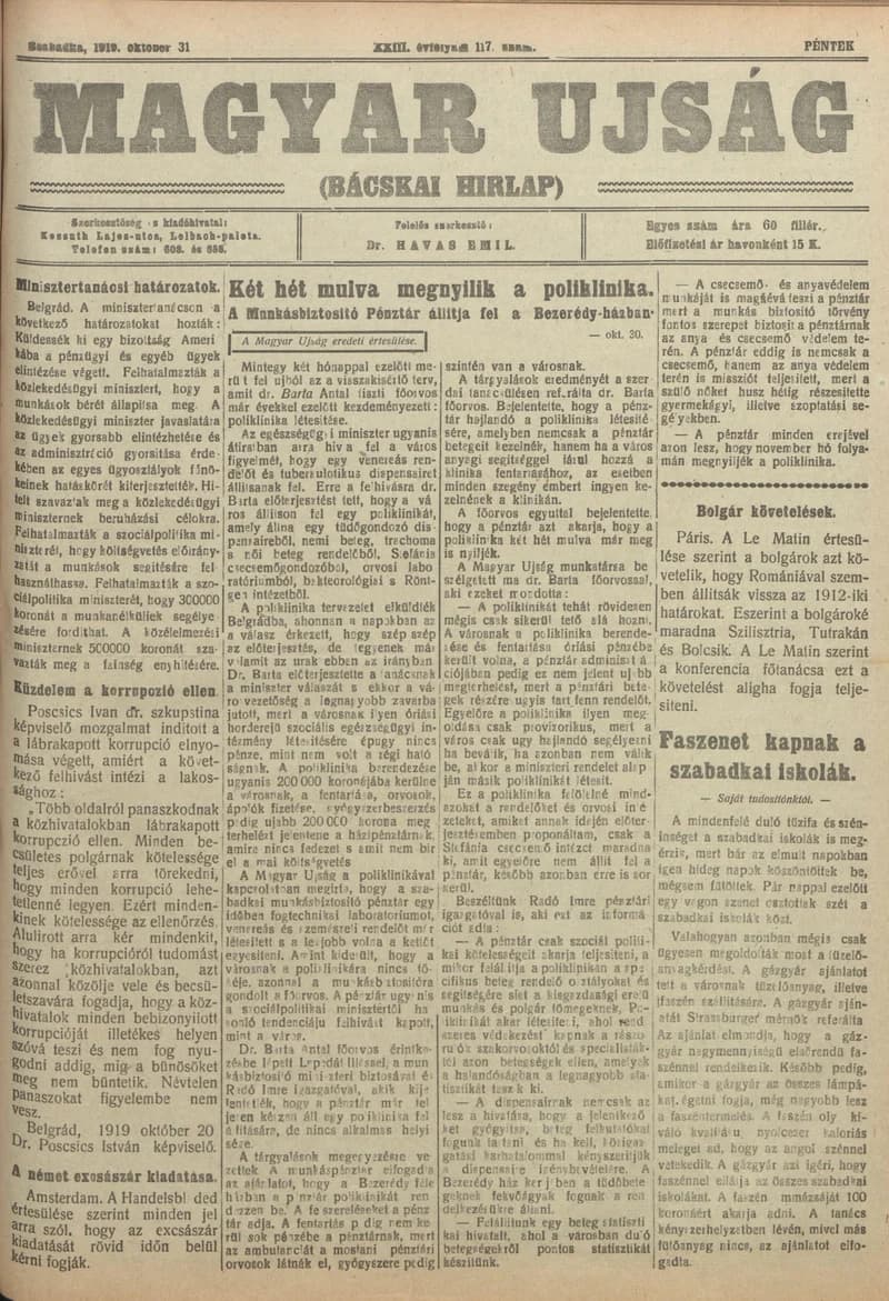 Bácskai Hirlap, 23. évf. 1919. október 31. 117. sz.