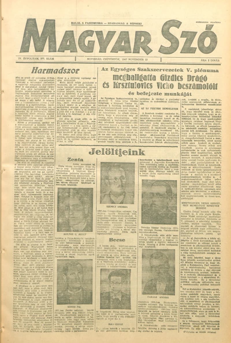 Magyar Szó, 4. évf. 1947. november 13. 277. sz. 1–8. oldal