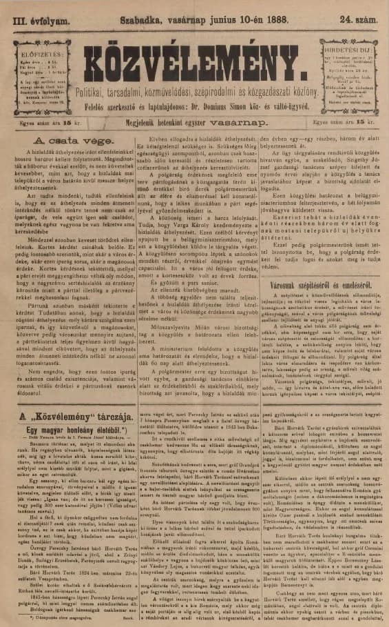 Közvélemény, 3. évf. 1888. június 10. 24. sz.