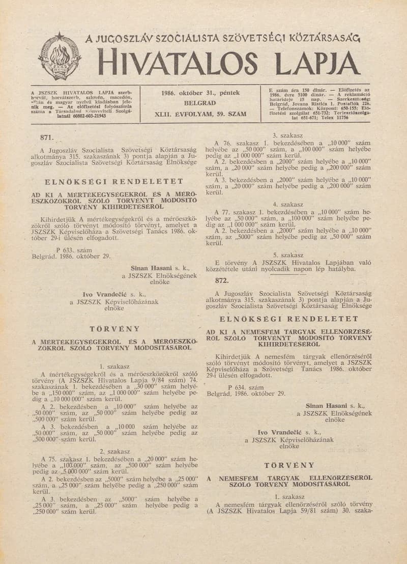 A Jugoszláv Szocialista Szövetségi Köztársaság Hivatalos Lapja, 42. évf. 1986. október 31. 59. sz. 1705–1724. oldal