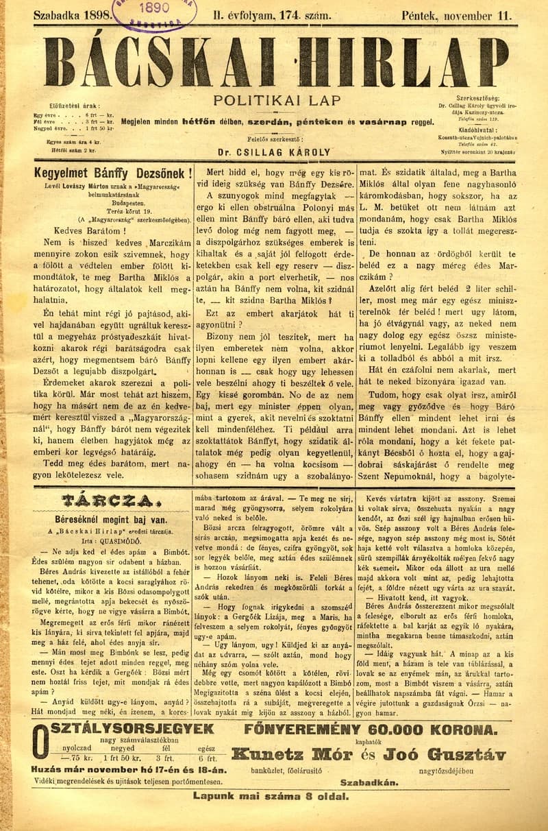 Bácskai Hirlap, 2. évf. 1898. november 11. 174. sz. 1–8. oldal