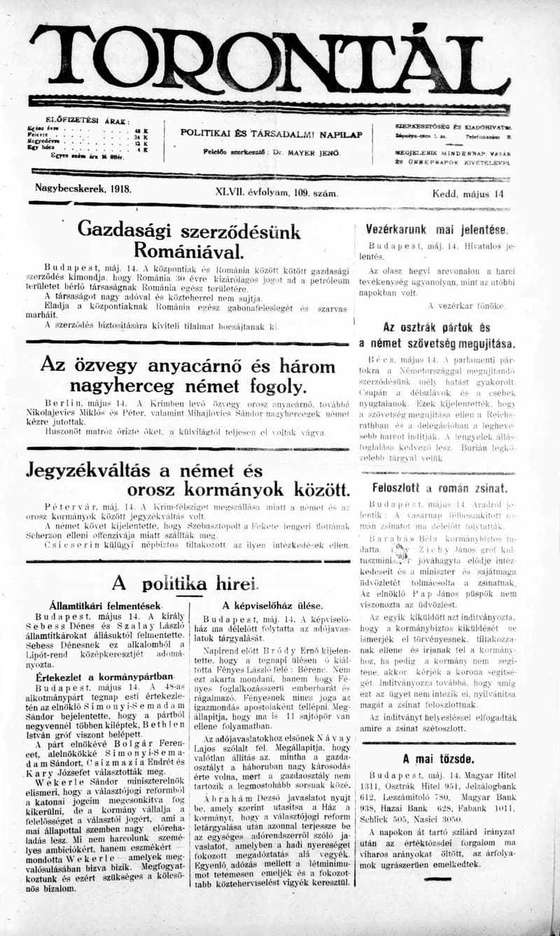 Torontál, 47. évf. 1918. május 14. 109. sz.