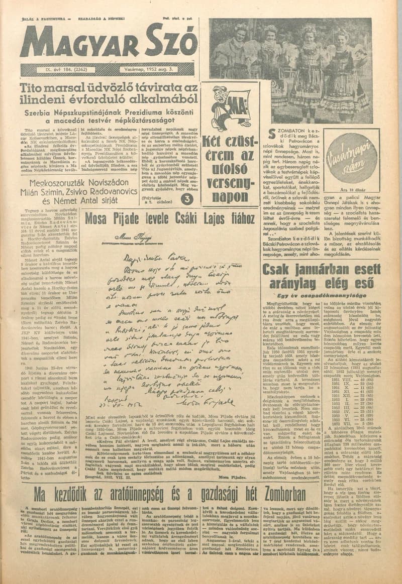Magyar Szó, 9. évf. 1952. augusztus 3. 184. sz. 1–12. oldal
