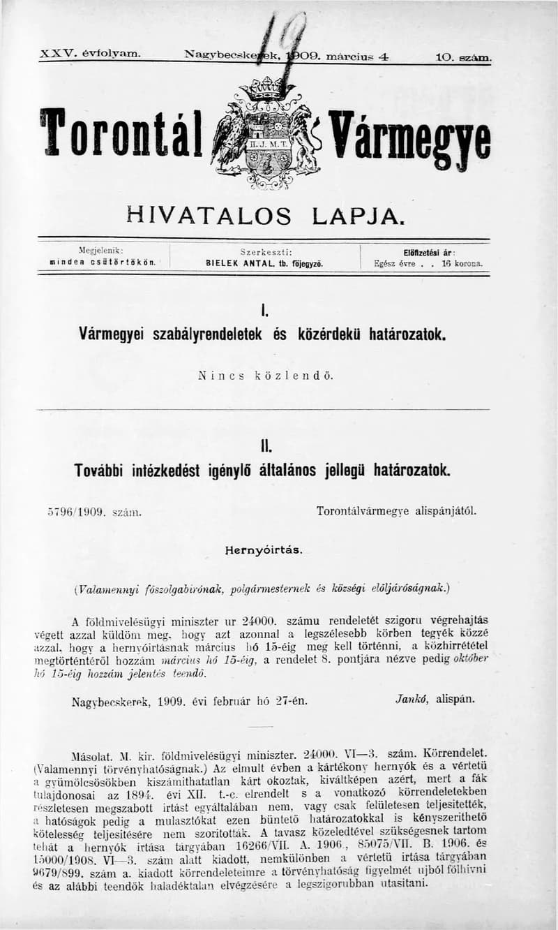 Torontál Vármegye Hivatalos Lapja, 25. évf. 1909. március 4. 10. sz.