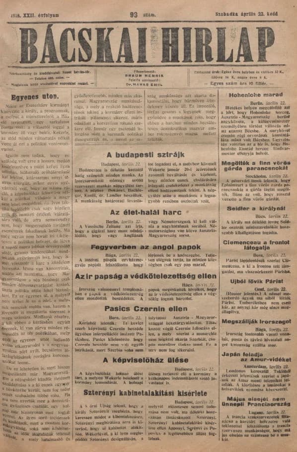 Bácskai Hirlap, 22. évf. 1918. április 23. 93. sz.