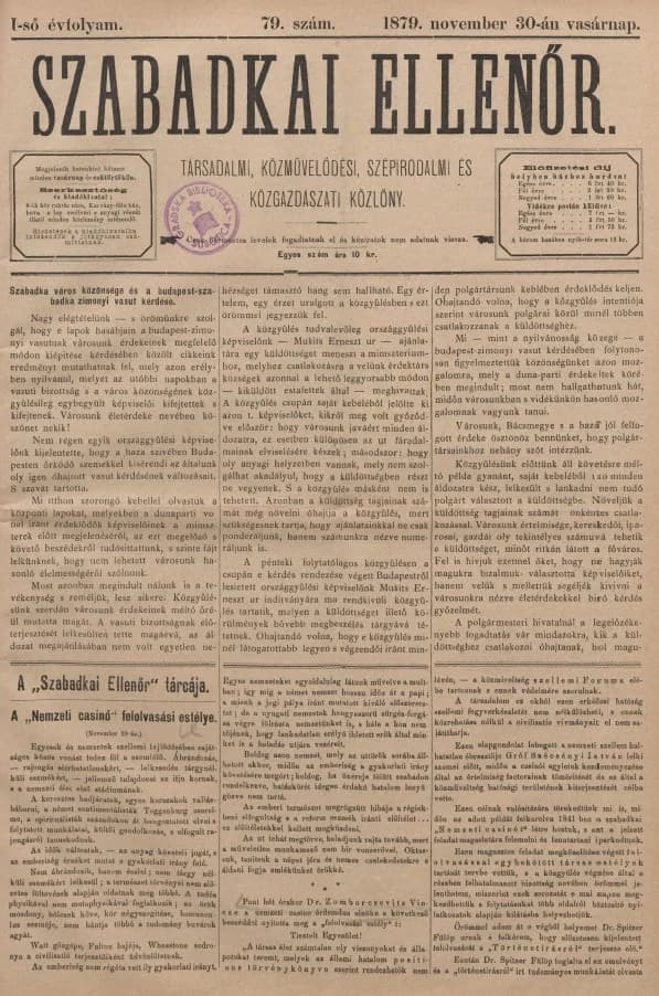 Szabadkai Ellenőr, 1. évf. 1879. november 30. 79. sz.