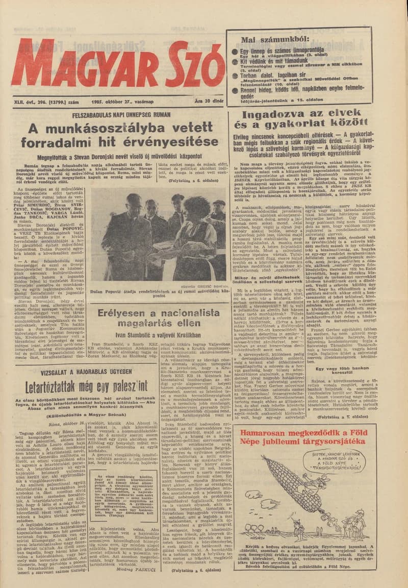 Magyar Szó, 42. évf. 1985. október 27. 296. sz. 1–28. oldal
