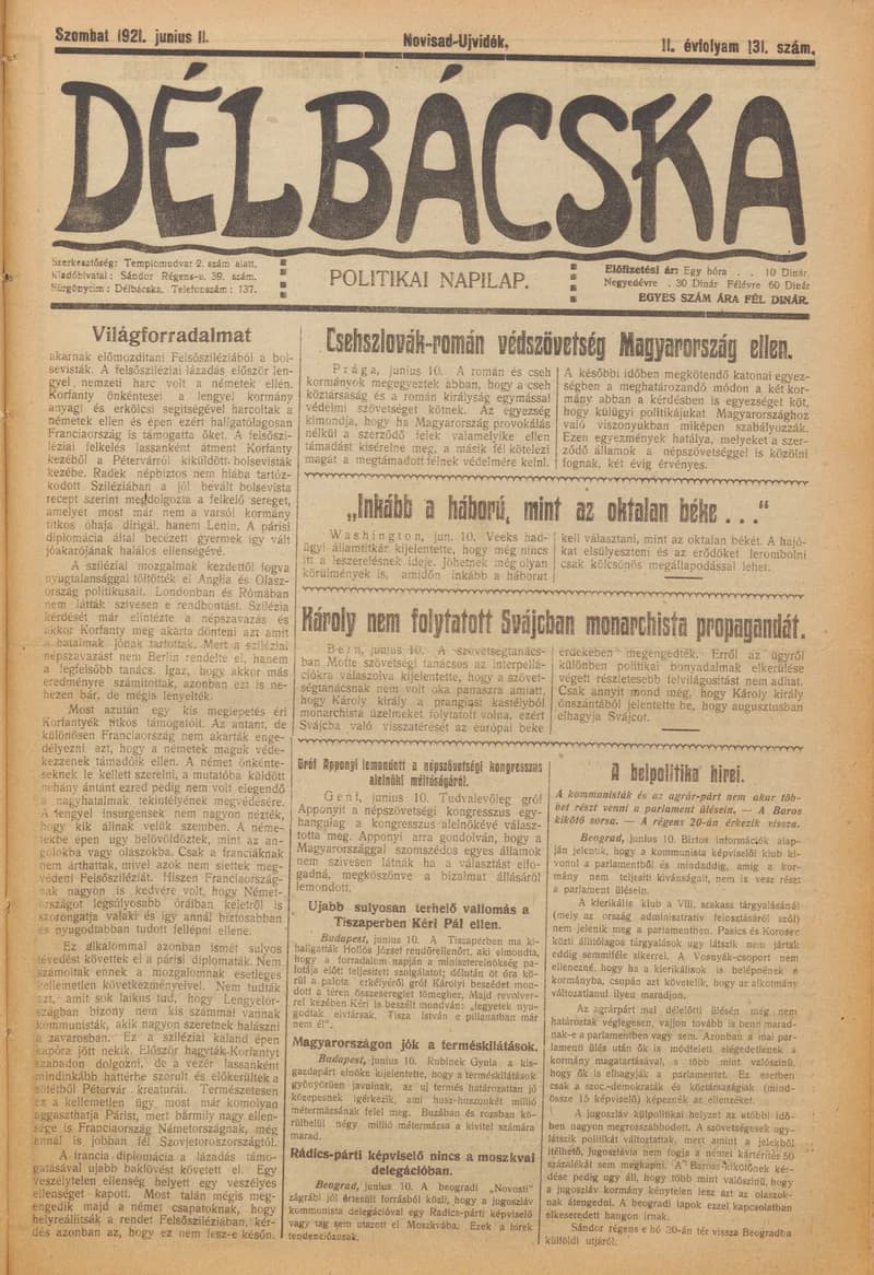 Délbácska, 2. évf. 1921. június 11. 131. sz.
