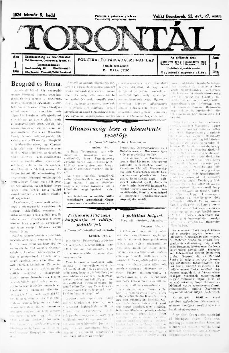 Torontál, 53. évf. 1924. február 5. 27. sz.