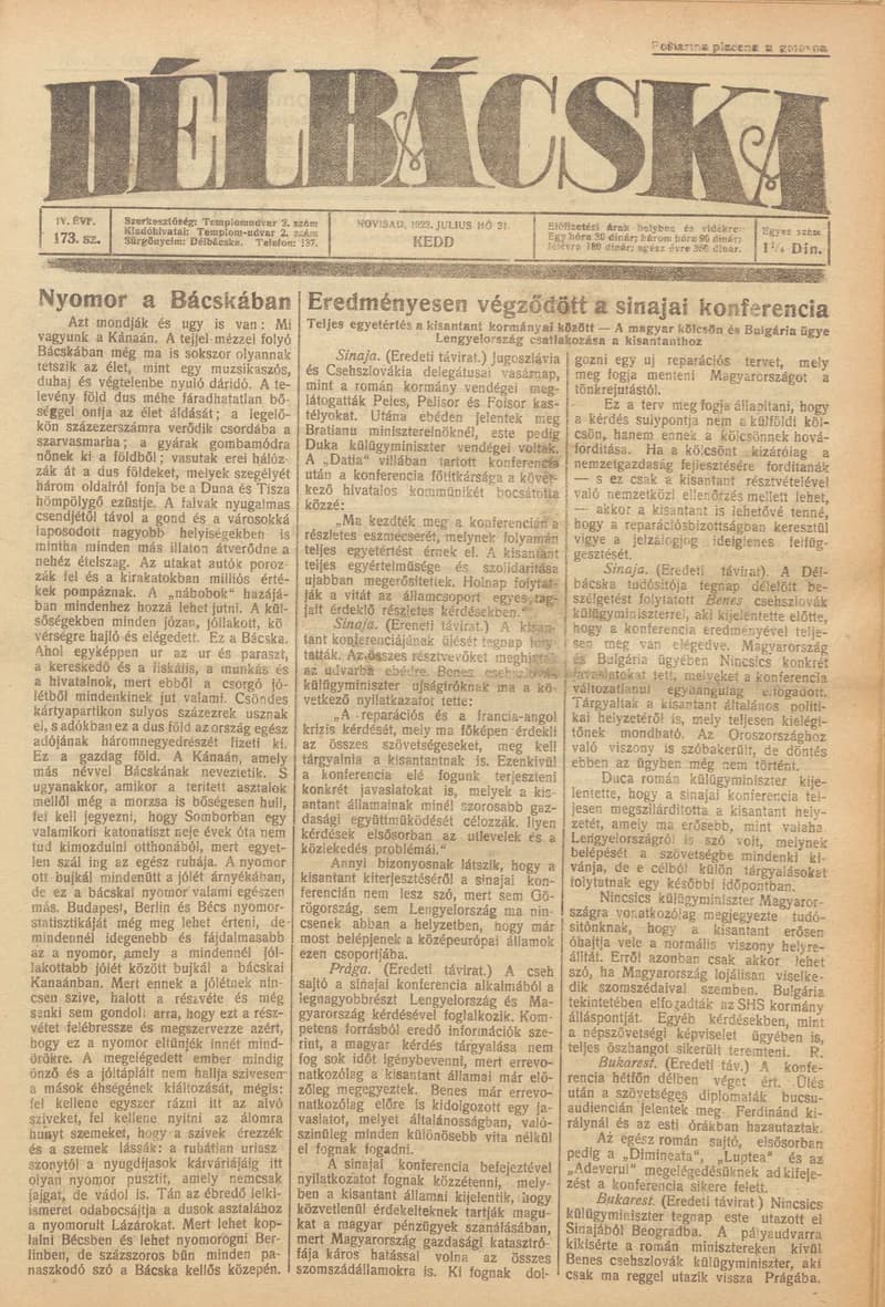 Délbácska, 4. évf. 1923. július 31. 173. sz.