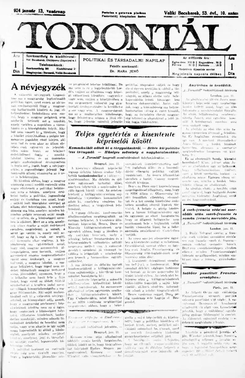Torontál, 53. évf. 1924. január 13. 10. sz.