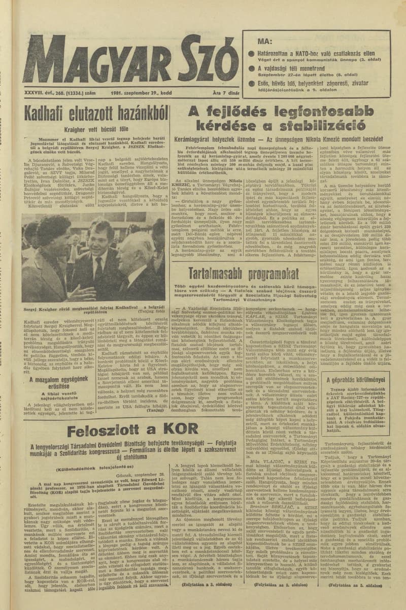 Magyar Szó, 38. évf. 1981. szeptember 29. 268. sz.