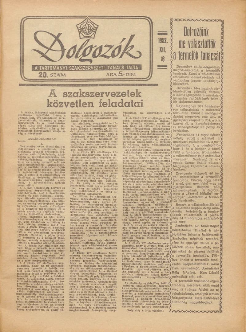 Dolgozók, 6. évf. 1952. december 16. 20. sz.