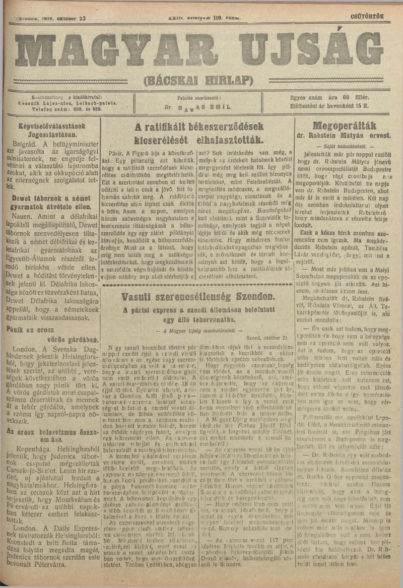 Bácskai Hirlap, 23. évf. 1919. október 23. 110. sz.