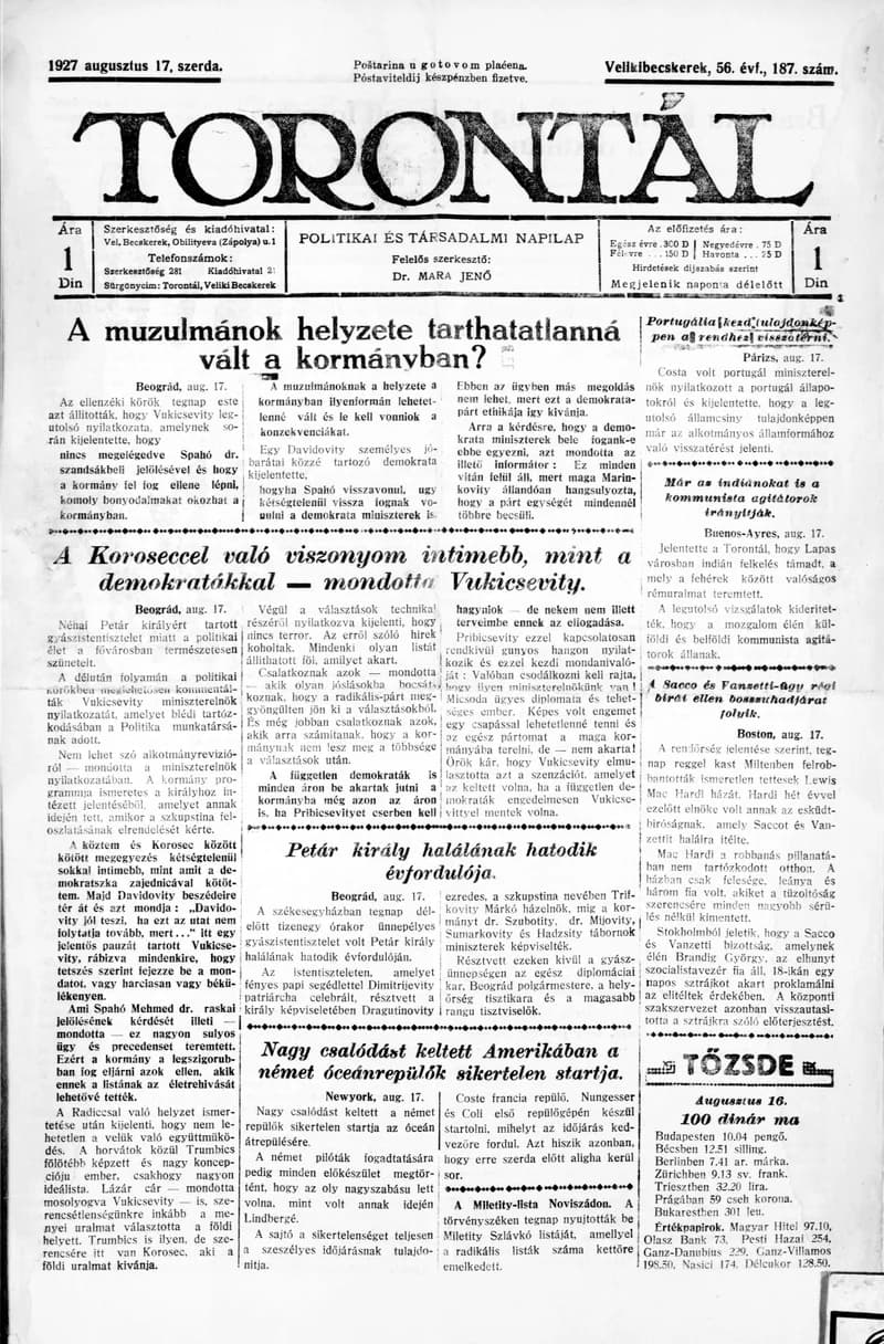 Torontál, 56. évf. 1927. augusztus 17. 187. sz.