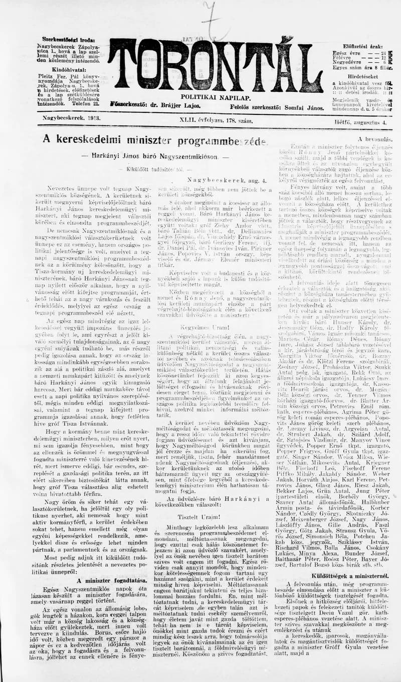 Torontál, 42. évf. 1913. augusztus 4. 178. sz.