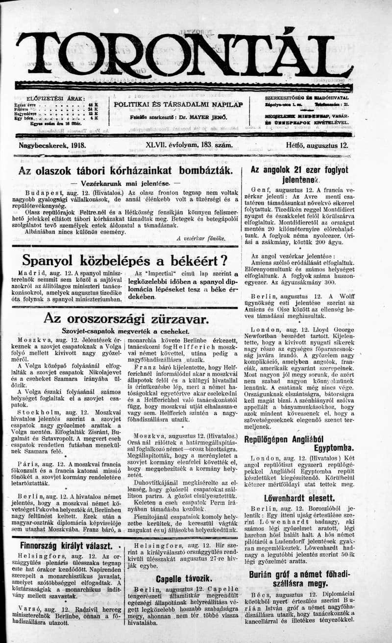 Torontál, 47. évf. 1918. augusztus 12. 183. sz.