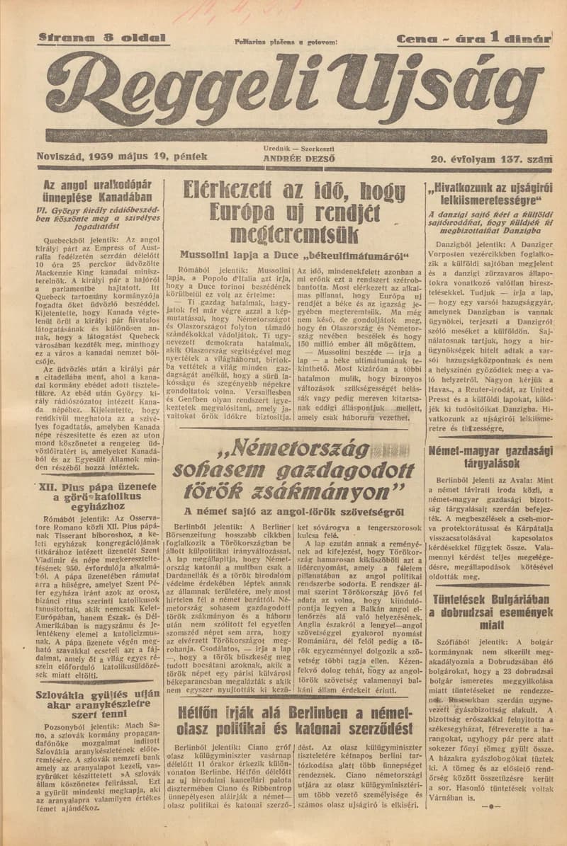 Reggeli Újság, 20. évf. 1939. május 19. 137. sz.