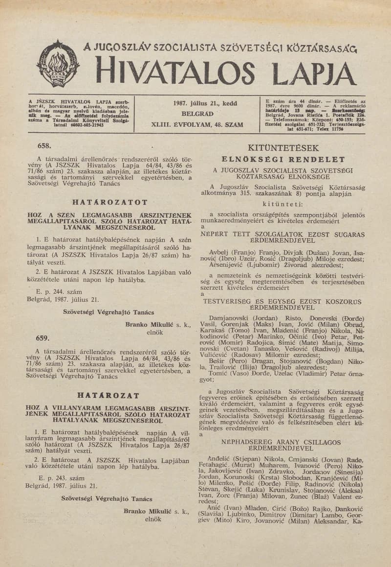 A Jugoszláv Szocialista Szövetségi Köztársaság Hivatalos Lapja, 43. évf. 1987. július 21. 48. sz. 1201–1204. oldal
