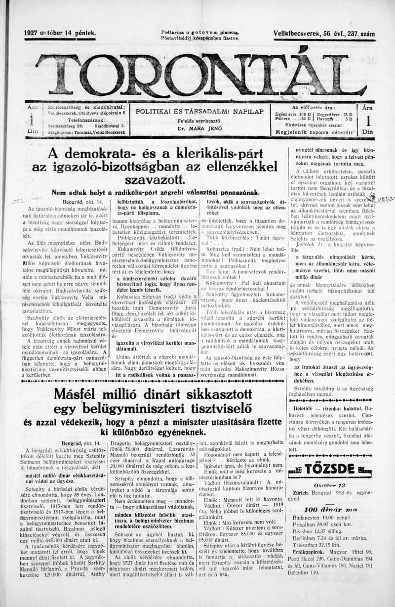 Torontál, 56. évf. 1927. október 14. 237. sz.