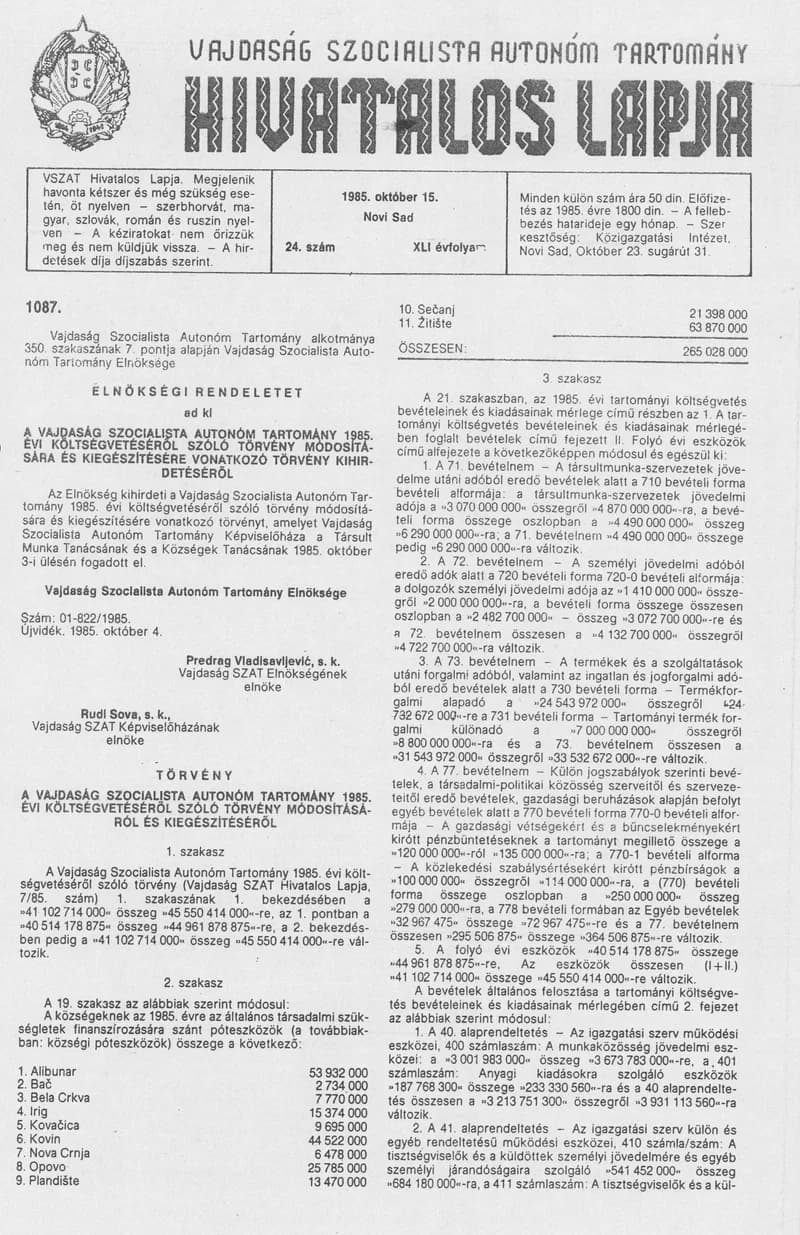 Vajdaság Szocialista Autonóm Tartomány Hivatalos Lapja, 41. évf. 1985. október 15. 24. sz.