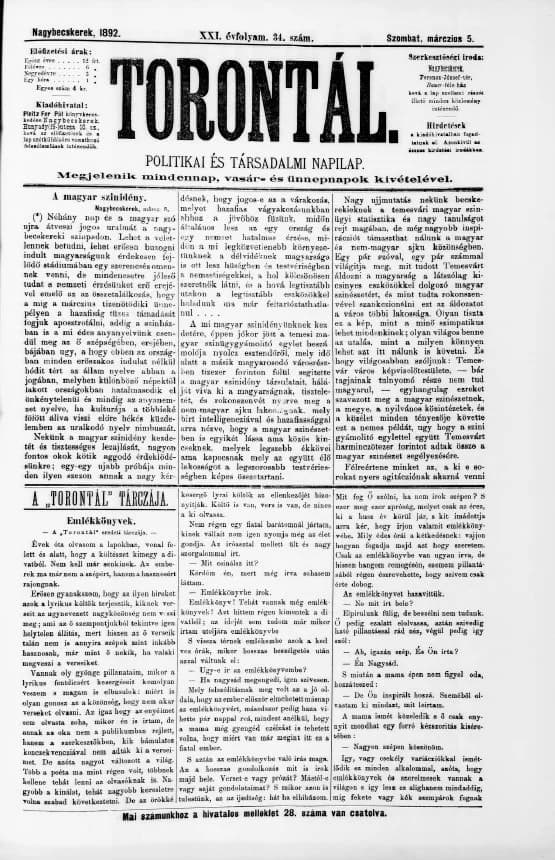 Torontál, 21. évf. 1892. március 5. 34. sz.