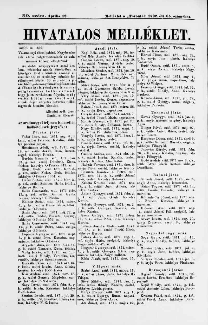A Totontál  hivatalos melléklete, 5. évf. 1892. április 12. 59. sz.