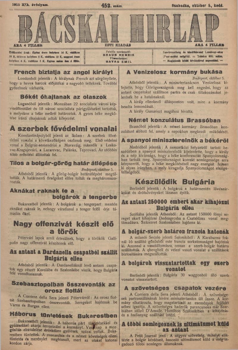 Bácskai Hirlap, 19. évf. 1915. október 5. 453. sz.