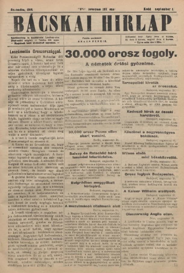 Bácskai Hirlap, 18. évf. 1914. szeptember 1. 197. sz.