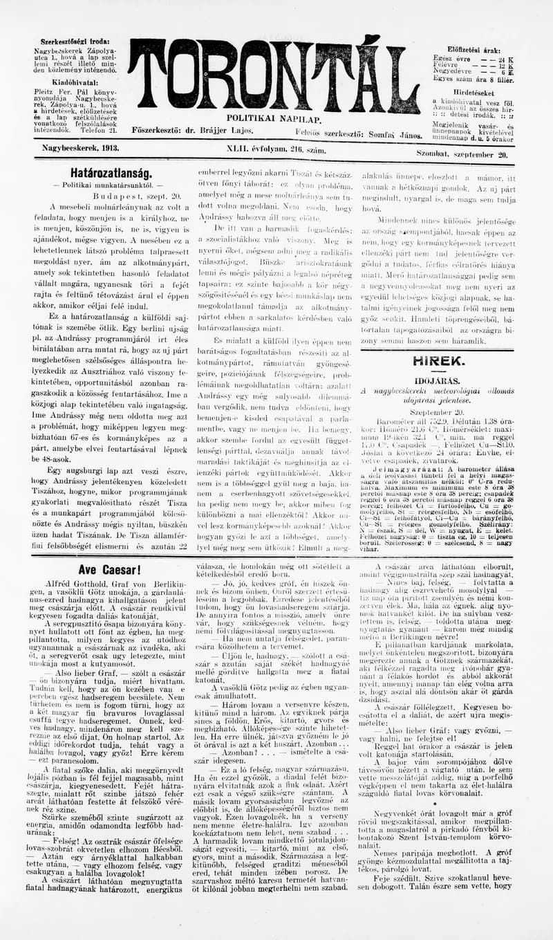 Torontál, 42. évf. 1913. szeptember 20. 216. sz.
