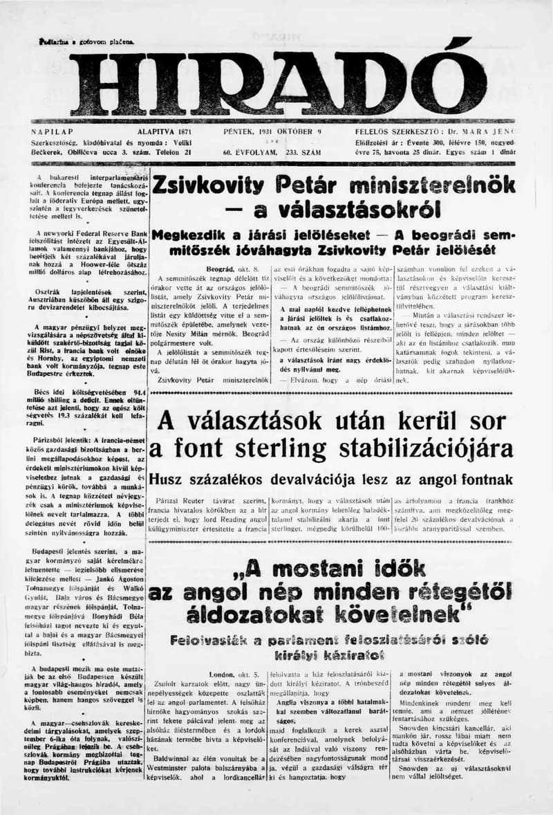 Híradó, 60. évf. 1931. október 9. 233. sz.