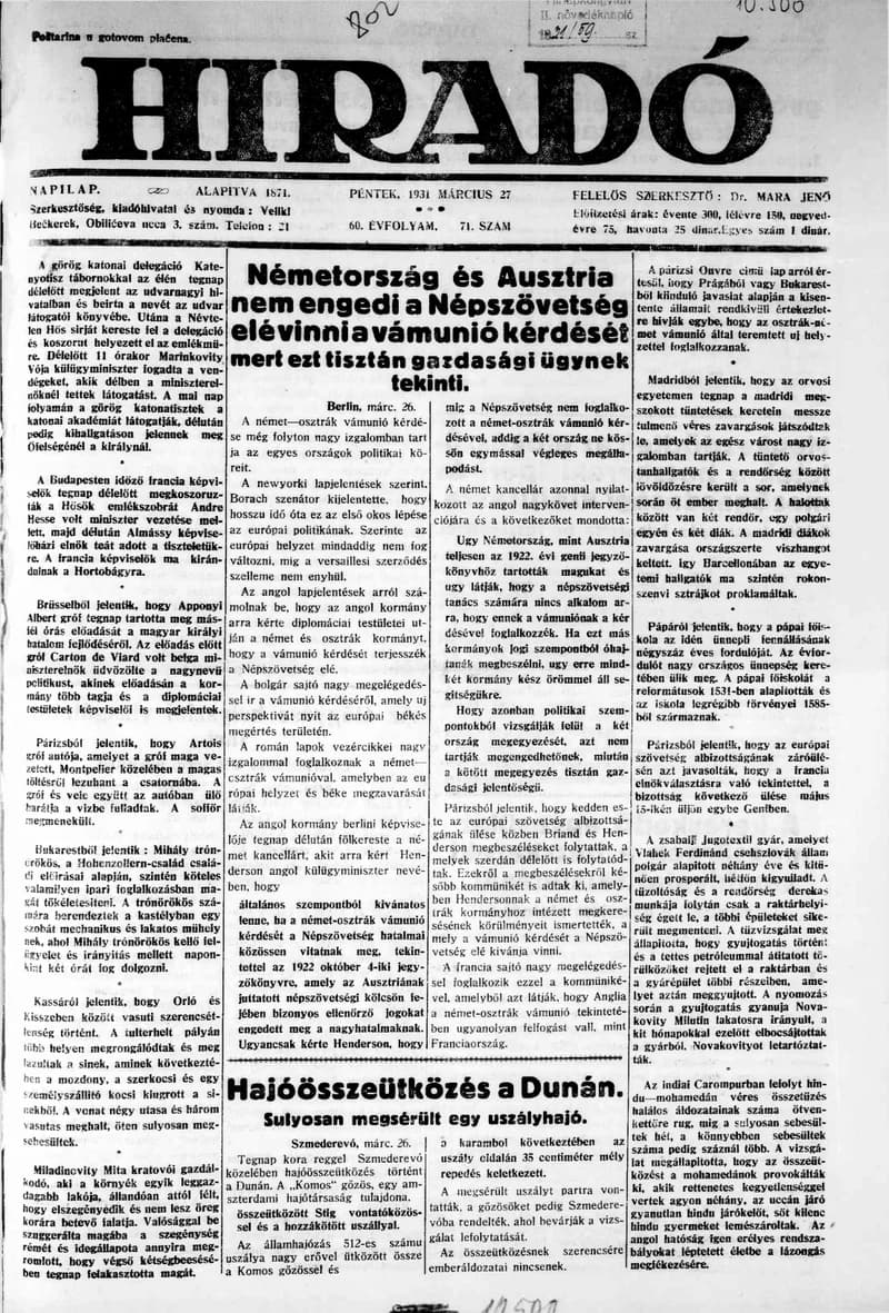 Híradó, 60. évf. 1931. március 27. 71. sz.
