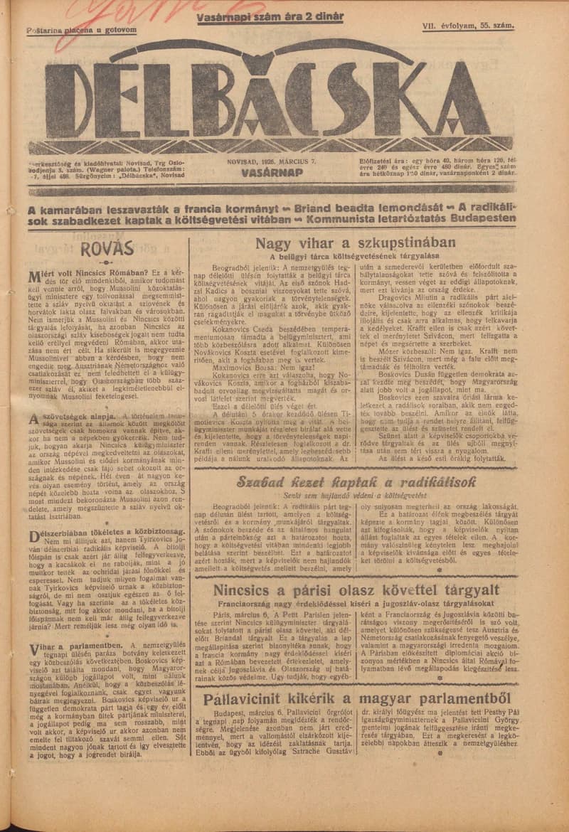Délbácska, 7. évf. 1926. március 7. 55. sz.