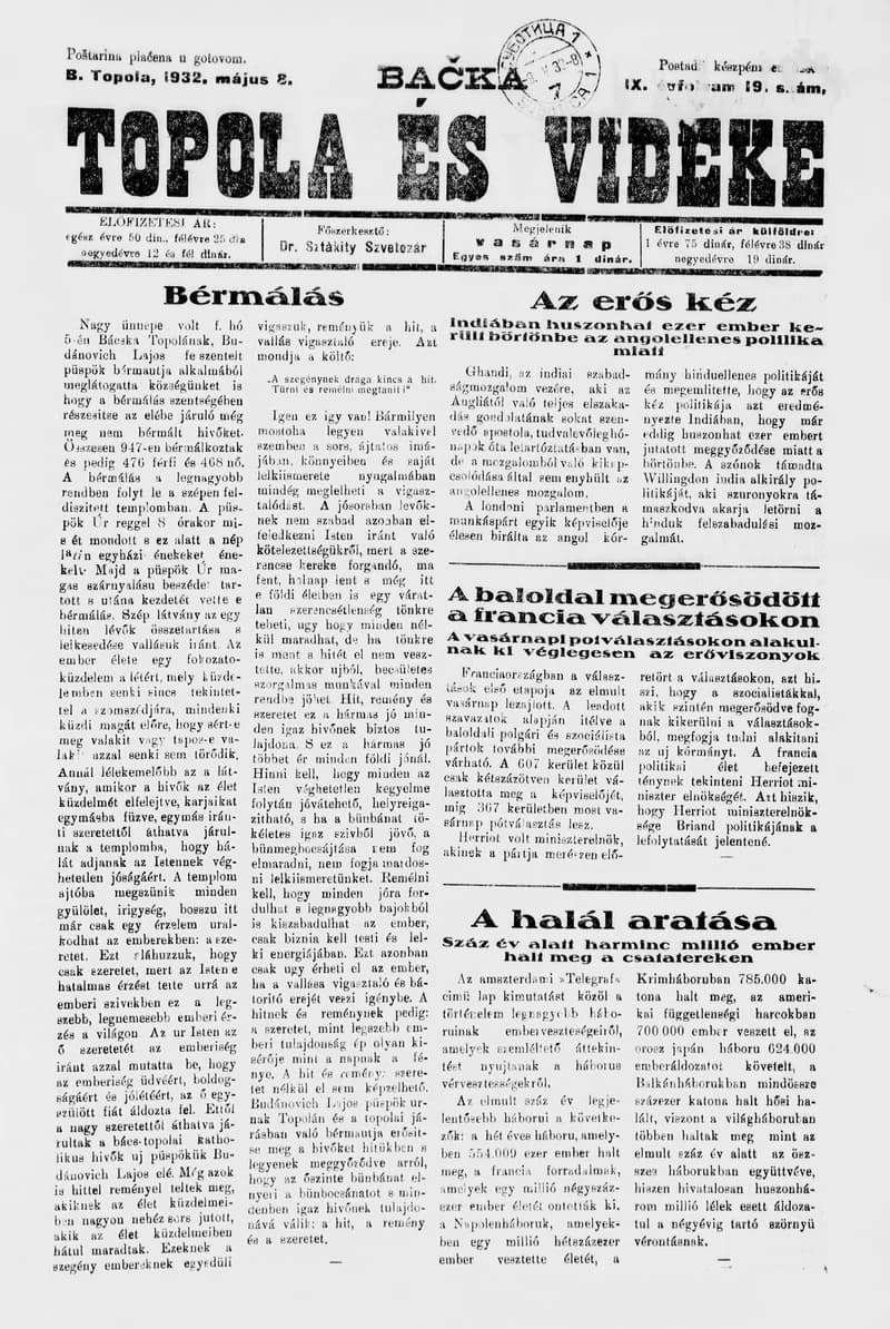 Bačka Topola és Vidéke, 9. évf. 1932. május 8. 19. sz.