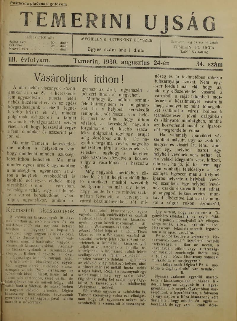 Temerini Újság 1928-1944, 3. évf. 1930. augusztus 24. 34. sz.
