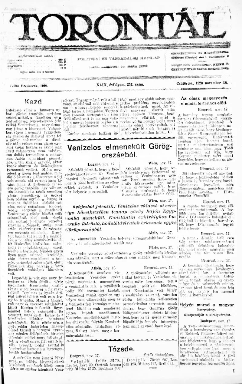 Torontál, 49. évf. 1920. november 18. 257. sz.