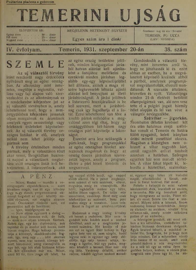 Temerini Újság 1928-1944, 4. évf. 1931. szeptember 20. 38. sz.