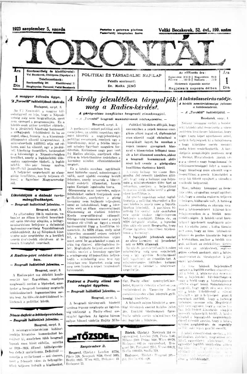 Torontál, 52. évf. 1923. szeptember 5. 199. sz.