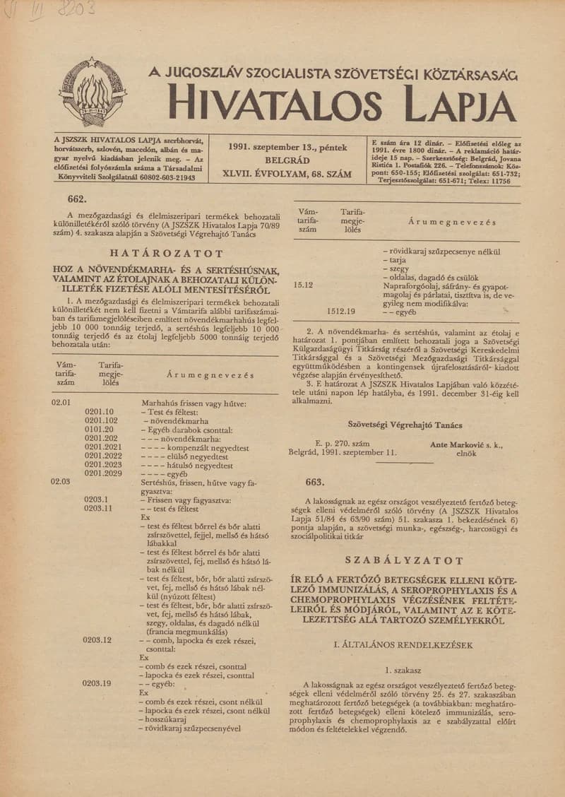A Jugoszláv Szocialista Szövetségi Köztársaság Hivatalos Lapja, 47. évf. 1991. szeptember 13. 68. sz. 1101–1108. oldal