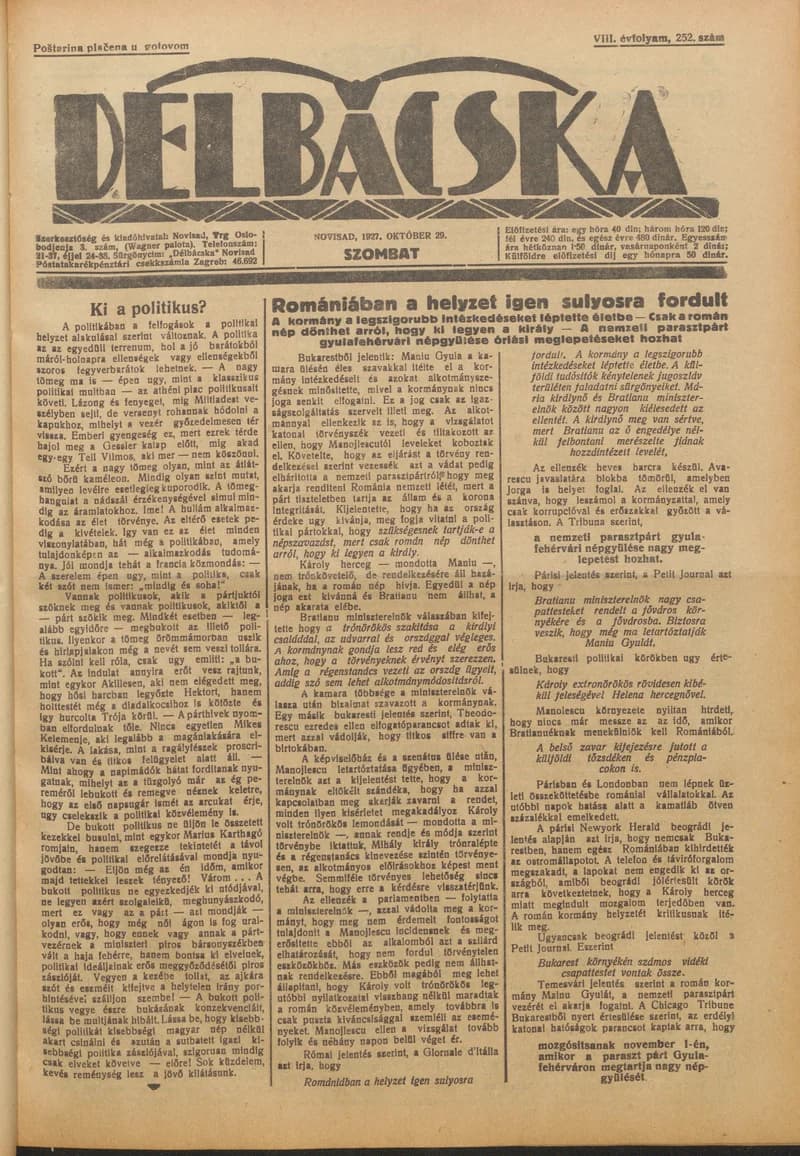 Délbácska, 8. évf. 1927. október 29. 252. sz.