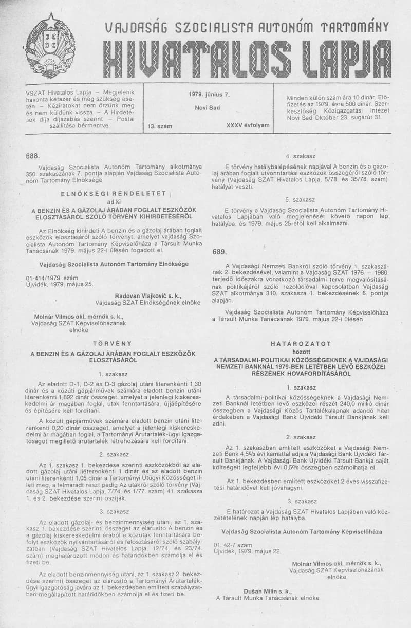 Vajdaság Szocialista Autonóm Tartomány Hivatalos Lapja, 35. évf. 1979. június 7. 13. sz. 769–784. oldal
