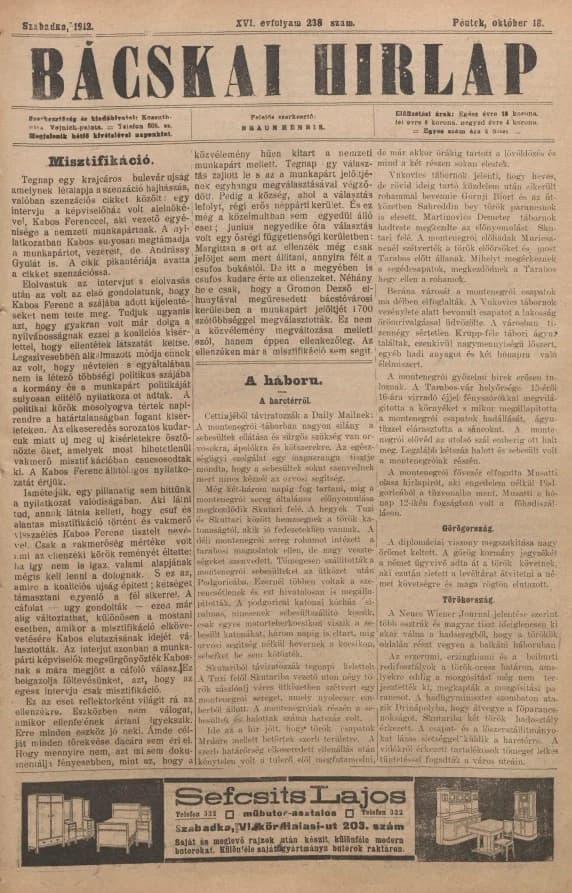 Bácskai Hirlap, 16. évf. 1912. október 18. 238. sz.