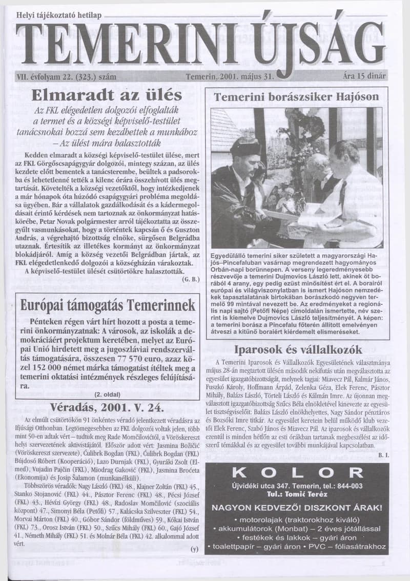 Temerini Újság, 7. évf. 2001. május 31. 22. sz.