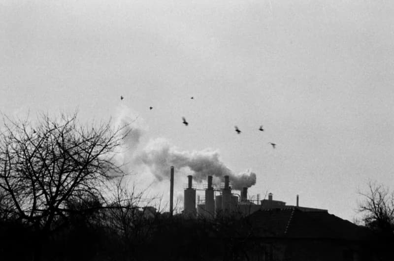 Település a Zorka gyárnál és a gyár füstje