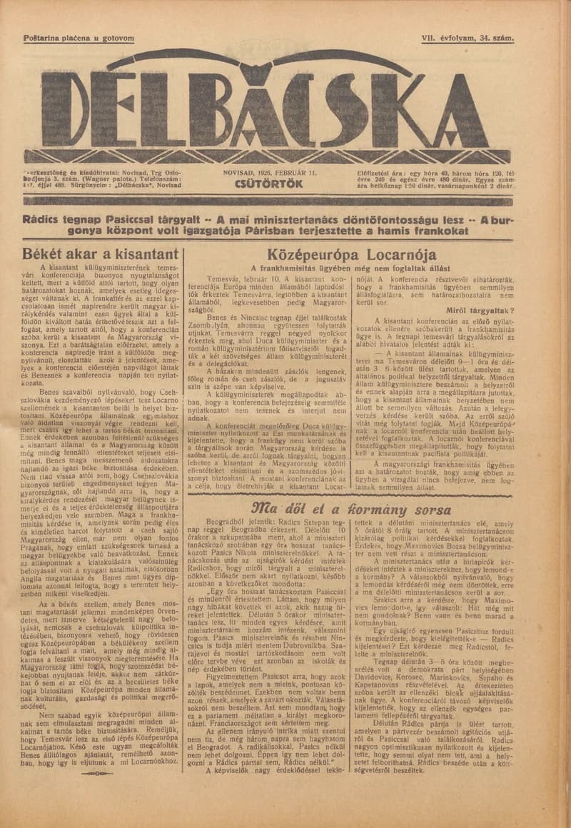 Délbácska, 7. évf. 1926. február 11. 34. sz.