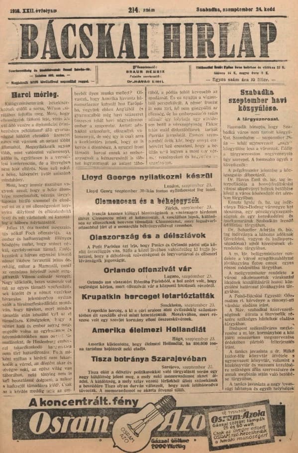 Bácskai Hirlap, 22. évf. 1918. szeptember 24. 214. sz.