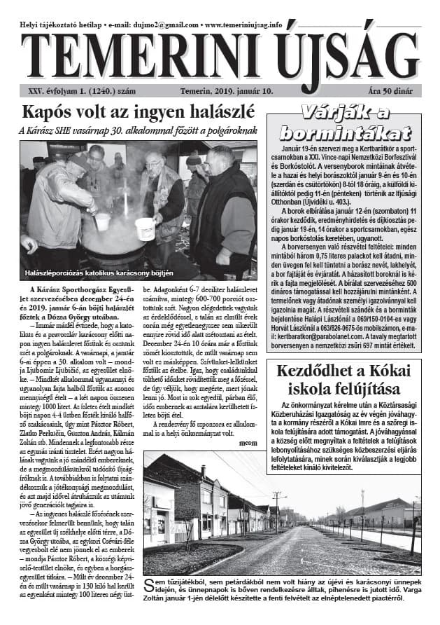 Temerini Újság, 25. évf. 2019. január 10. 1. sz.