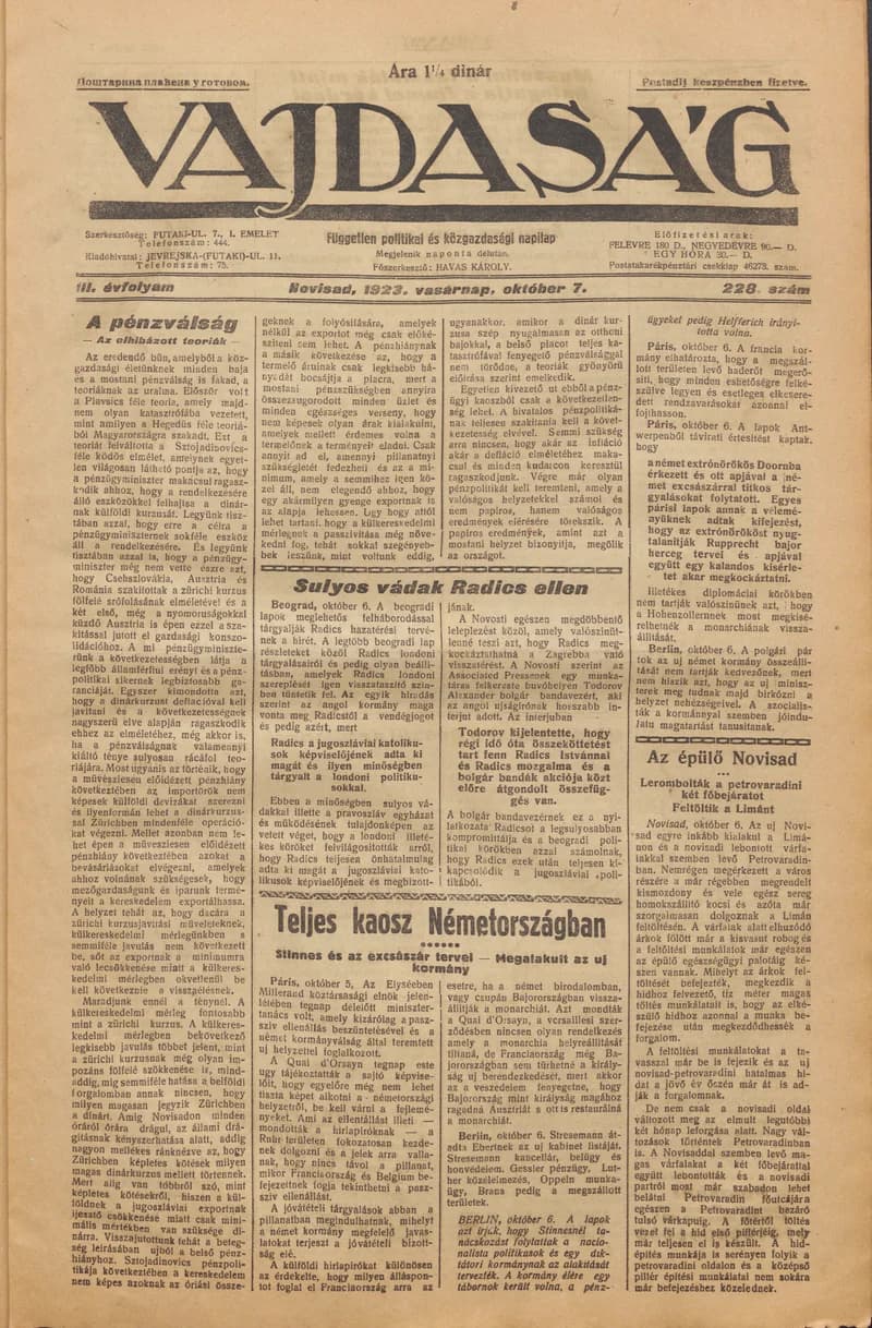 Vajdaság, 3. évf. 1923. október 7. 228. sz.